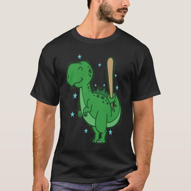 Dino playing Baseball Dinosaur Reptile T-Shirt (Front)
