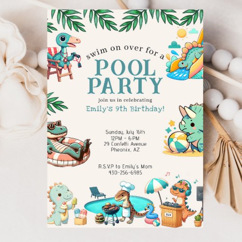 Dino Pool Party Birthday Invitation