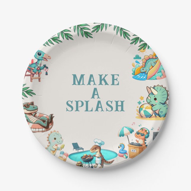 Dino Pool Party Birthday Paper Plates (Front)