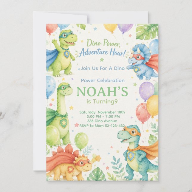 Dino Power Adventure Hour Watercolor Dinosaur  Invitation (Front)