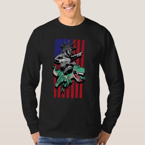 Dino Sitting Statue Of Liberty 4th Of July America T_Shirt