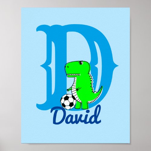 Dino Soccer Drawing Nursery Art Custom Name Poster