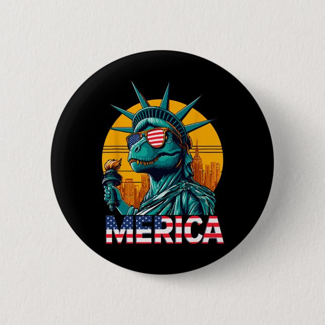 Dino Statue Of Liberty 4th Of July Trex Boys Ameri Button (Front)