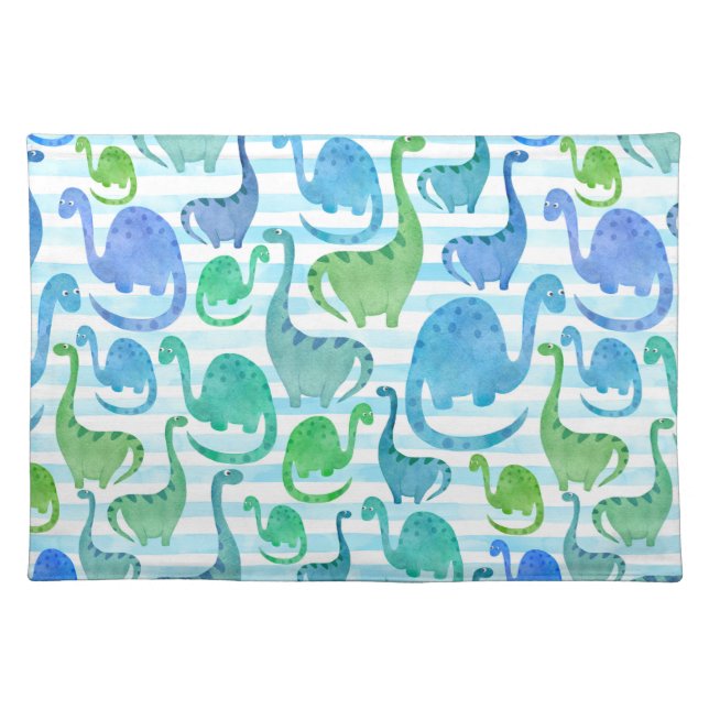 Dino Stripe Watercolor Dinosaurs Adorable Cloth Placemat (Front)