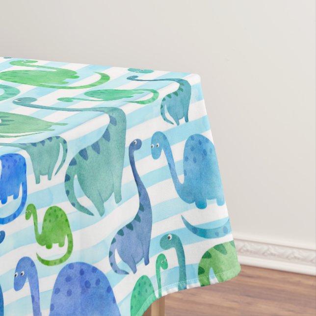 Dino Stripe Watercolor Dinosaurs Adorable Tablecloth (In Situ)