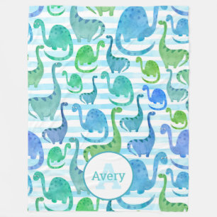 Dino Stripe Watercolor Dinosaurs Personalized Fleece Blanket