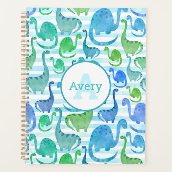 Dino Stripe Watercolor Dinosaurs Personalized Planner by LilPartyPlanners at Zazzle