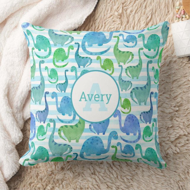 Dino Stripe Watercolor Dinosaurs Personalized Throw Pillow (Blanket)