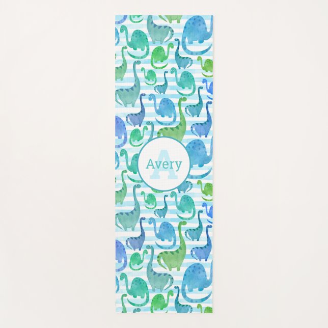 Dino Stripe Watercolor Dinosaurs Personalized Yoga Mat (Front)