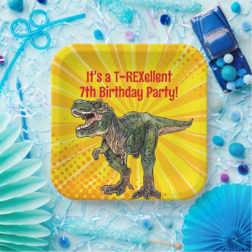 Dino T_Rex Dinosaur Funny Birthday Boy Yellow Paper Plates