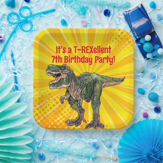 Dino T-Rex Dinosaur Funny Birthday Boy Yellow Paper Plates (Party)