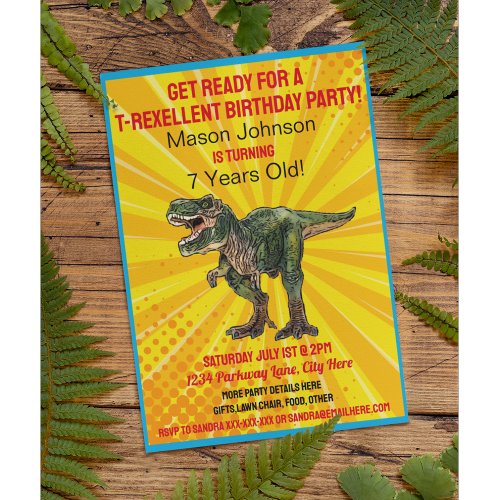 Dino T_Rex Dinosaur Funny Birthday Colorful Fun Invitation