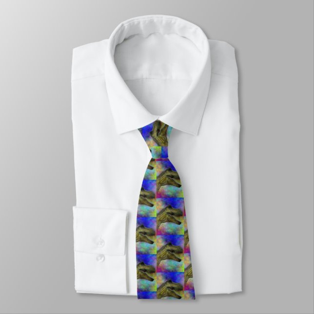 Dino T-Rex Dinosaur Head on Colorful Background Neck Tie (Tied)