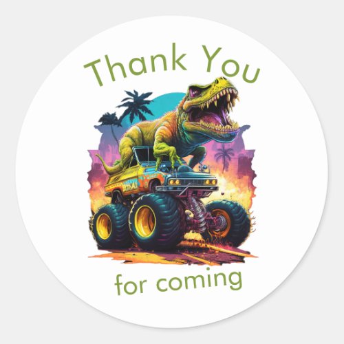  Dino T_Rex Monster Truck Thank You Classic Round Sticker