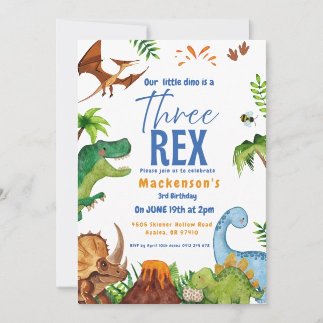 Dino three rex 3rd boy Dinosaur birthday party Invitation (Front)