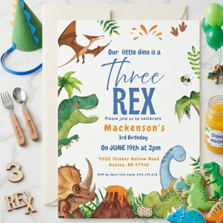 Dino three rex 3rd boy Dinosaur birthday party Invitation