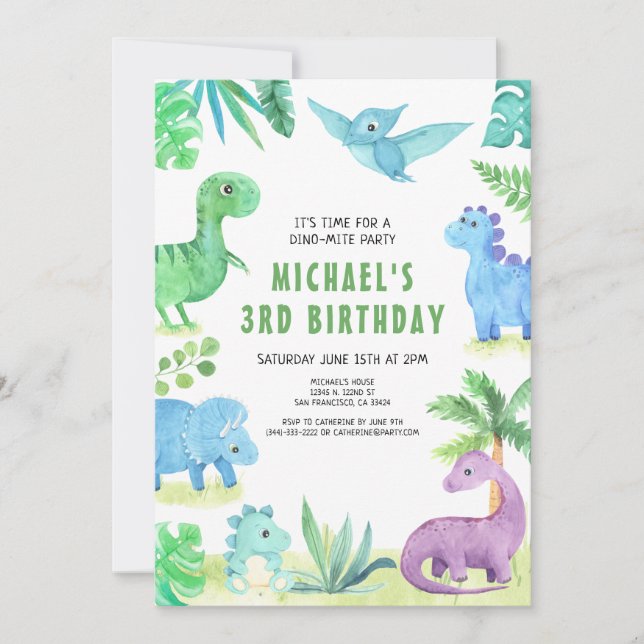 Dino Three Trex Boy 3rd Dinosaur Birthday Invitation (Front)