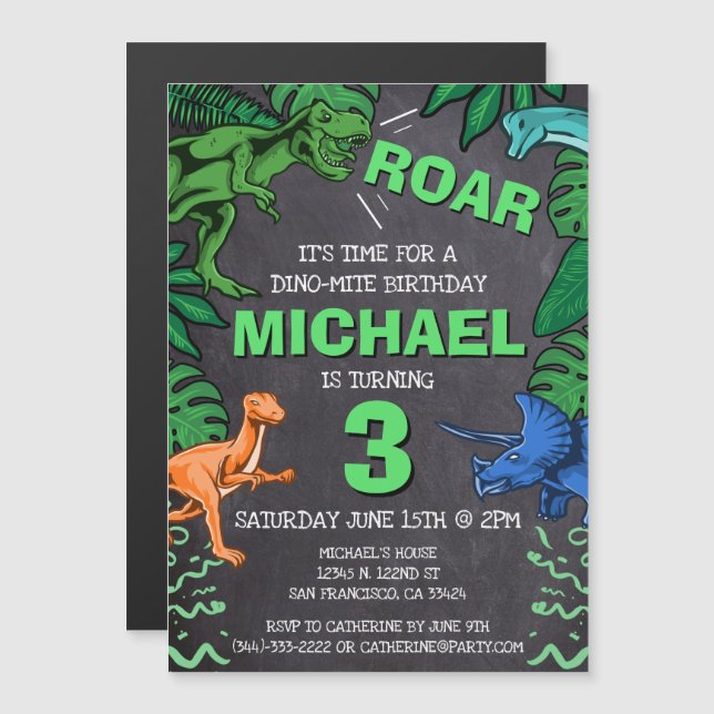 Dino Trex Jurassic Boy Dinosaur Birthday Magnetic Invitation (Front/Back)