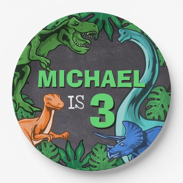 Dino Trex Jurassic Boy Dinosaur Birthday Paper Plates (Front)