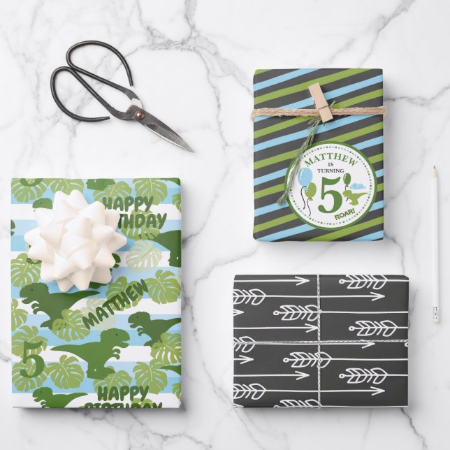Dino Tropical Birthday Personalized Wrapping Paper (Front)