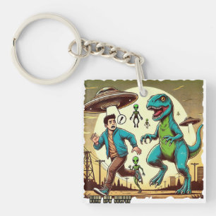 Dino UFO Selfie: Vintage Panic (Keychain Dinosaur) Keychain