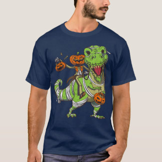Dino with Skeleton and Pumpkin Happy Halloween T-Shirt