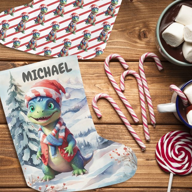 Dino Wonderland Holiday Festive Watercolor Large Christmas Stocking (Creator Uploaded)