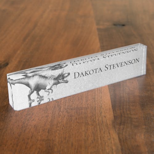 Dinocorn Chrome  Silver Unicorn Horned Dinosaur Desk Name Plate