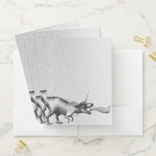 Dinocorn Chrome  Silver Unicorn Horned Dinosaur Pocket Folder