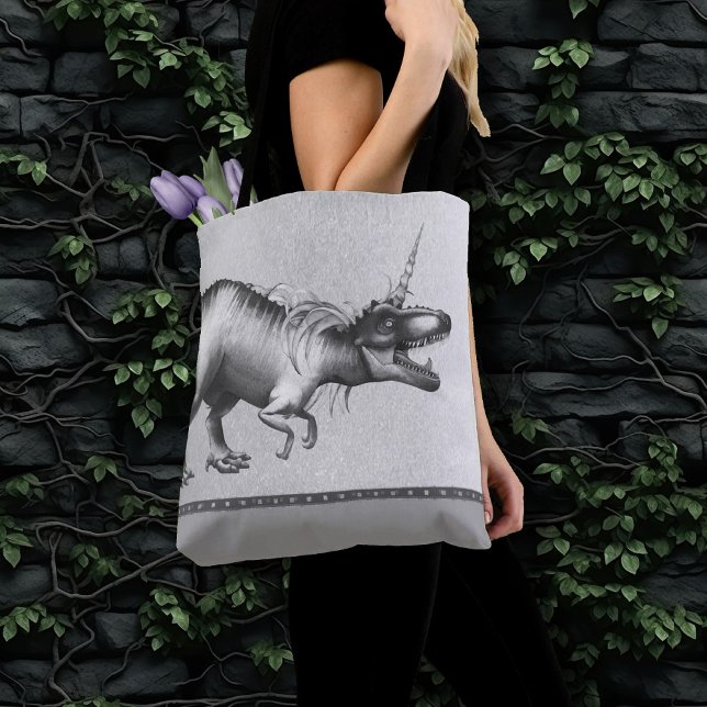 Dinocorn Chrome | Silver Unicorn Horned Dinosaur Tote Bag (Creator Uploaded)
