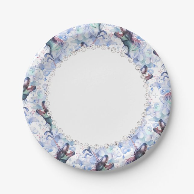 Dinocorn Clouds | Mystical Unicorn Horned Dinosaur Paper Plates (Front)