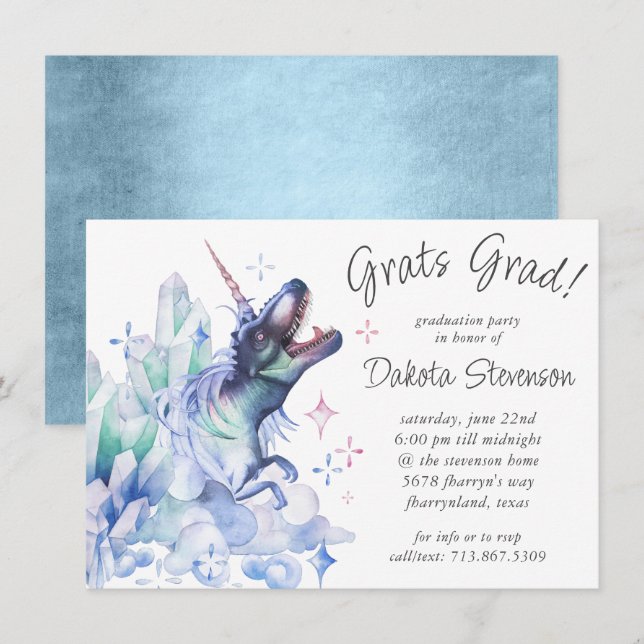 Dinocorn Crystal Blue | Unicorn Dinosaur Graduate Invitation (Front/Back)