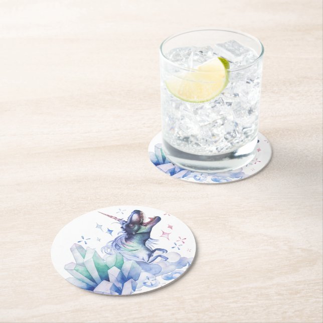 Dinocorn Crystal Dinosaur Unicorn Fantasy Unisaur Round Paper Coaster (Insitu)