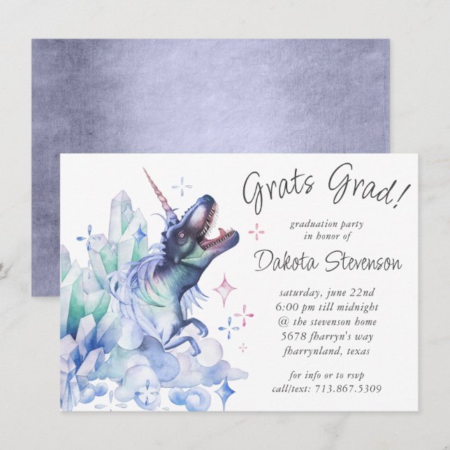 Dinocorn Crystal Purple | Unicorn Dinosaur Grad Invitation (Front/Back)