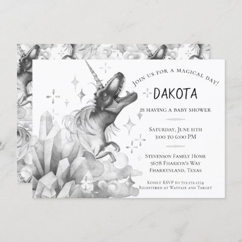 Dinocorn Crystal  Silver Monochrome Baby Shower Invitation