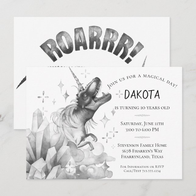Dinocorn Crystal | Silver Monochrome Birthday Invitation (Front/Back)
