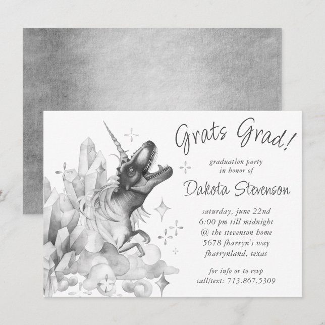 Dinocorn Crystal | Silver Monochrome Graduation Invitation (Front/Back)