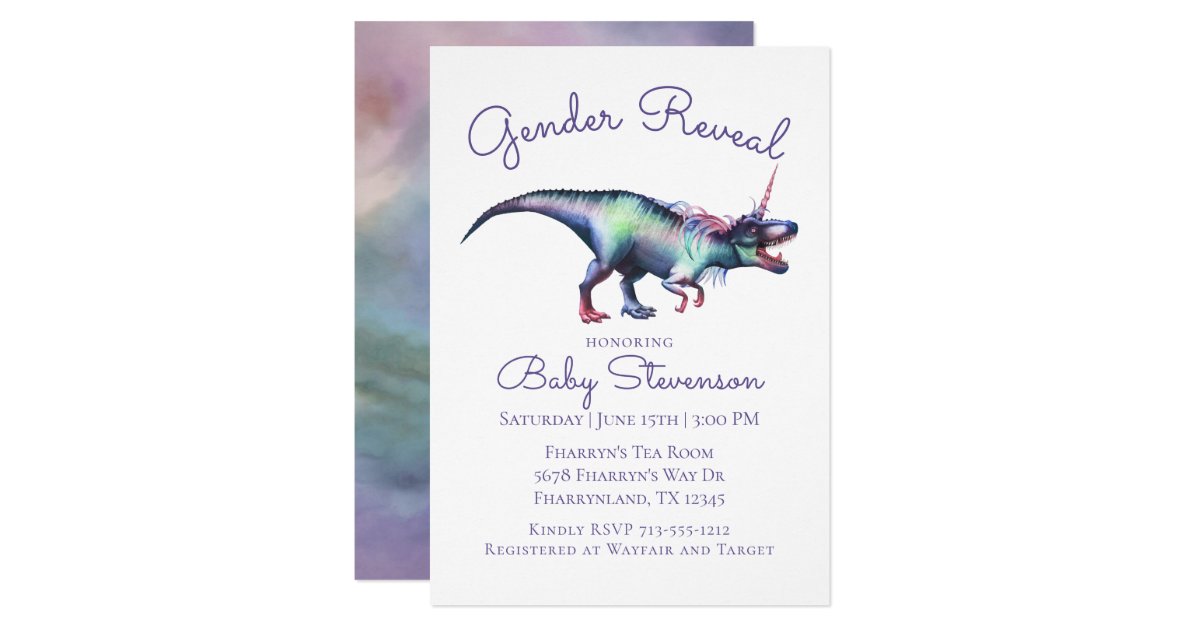 Dinocorn Gender Reveal Colorful Unicorn Dinosaur Invitation