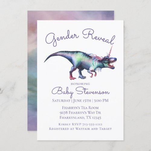 Dinocorn Gender Reveal  Colorful Unicorn Dinosaur Invitation