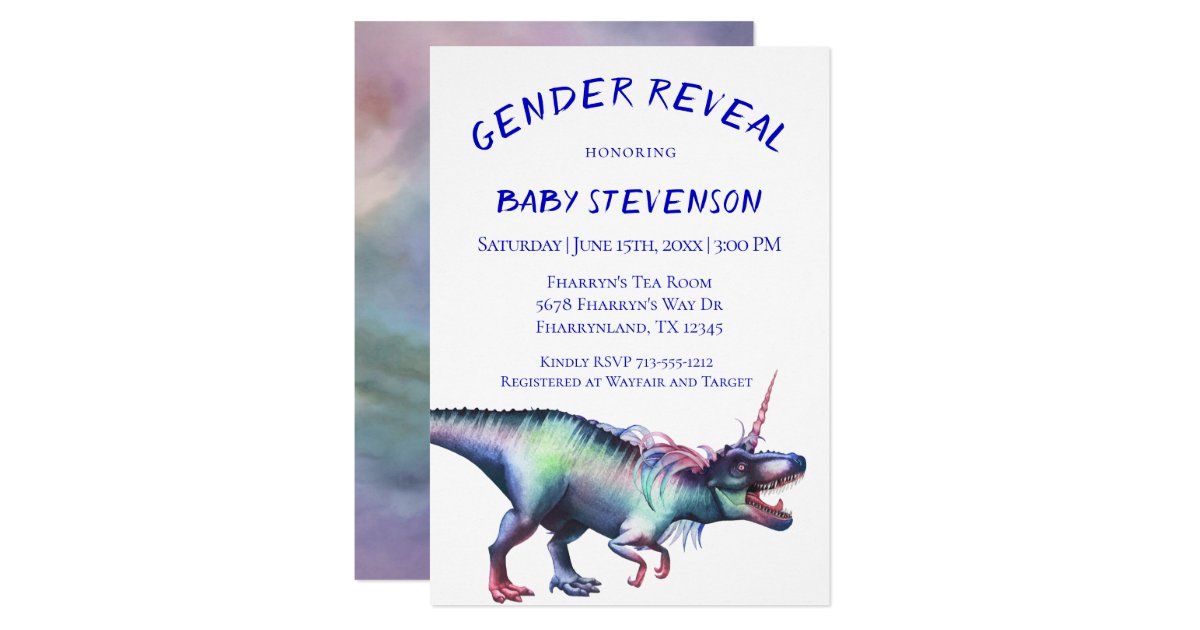 Dinocorn Gender Reveal Roaring Unicorn Dinosaur Invitation