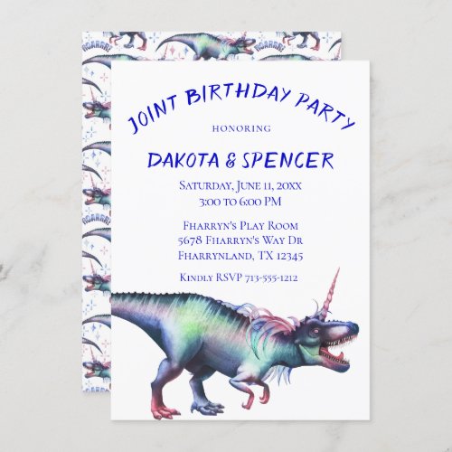 Dinocorn Joint Birthday Party  Unicorn Dinosaur Invitation