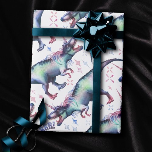 Dinocorn Pattern  Colorful Unicorn Dinosaur T_Rex Wrapping Paper