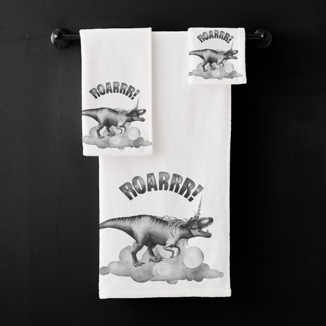 Dinocorn Roar | Silver Monochrome Minimal Wordart Bath Towel Set (Creator Uploaded)