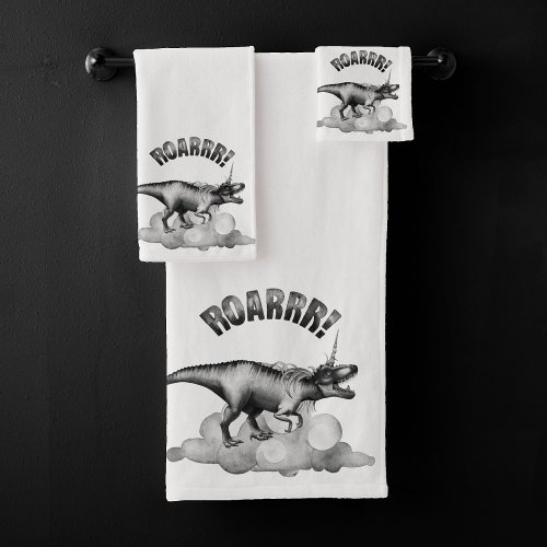 Dinocorn Roar  Silver Monochrome Minimal Wordart Bath Towel Set
