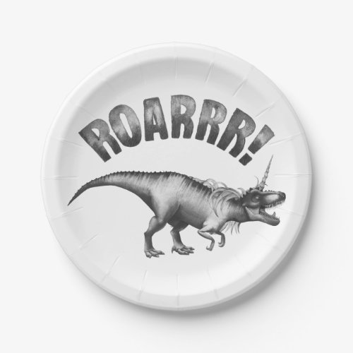 Dinocorn Roar  Silver Monochrome Minimal Wordart Paper Plates