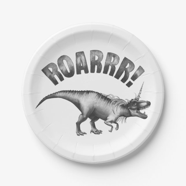 Dinocorn Roar | Silver Monochrome Minimal Wordart Paper Plates (Front)