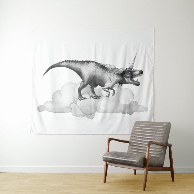 Dinocorn Silver | Fantasy Unicorn Horned Dinosaur Tapestry (In Situ (Horizontal))