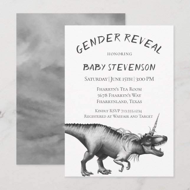 Dinocorn Silver | Monochrome Neutral Gender Reveal Invitation (Front/Back)