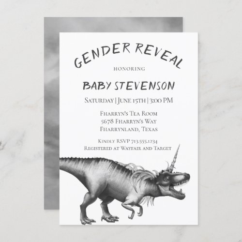 Dinocorn Silver  Monochrome Neutral Gender Reveal Invitation