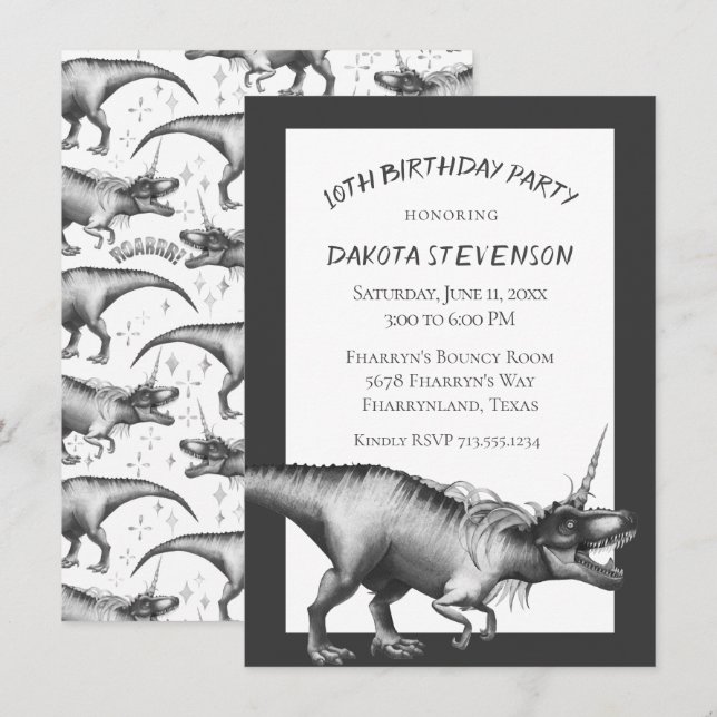 Dinocorn Silver | Unicorn Dinosaur Birthday Party Invitation (Front/Back)